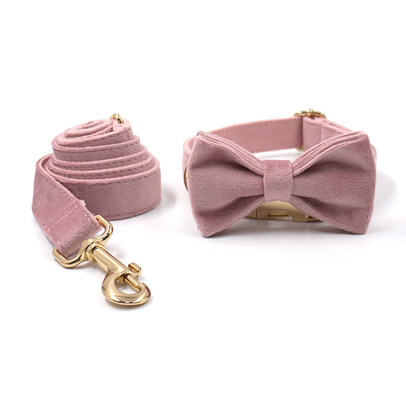 Pink Velvet Dog Collar, Bow, and Leash